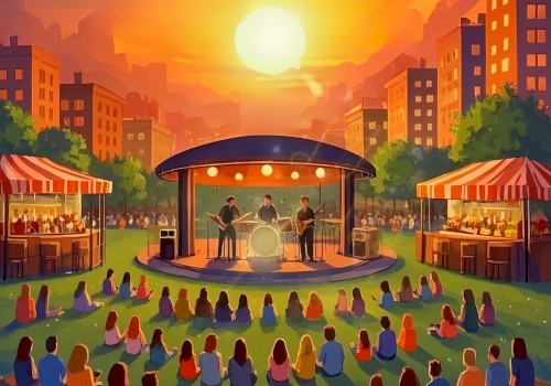 A band performs on an outdoor stage at sunset with an audience seated on grass in a park; food stalls are on both sides of the stage.
