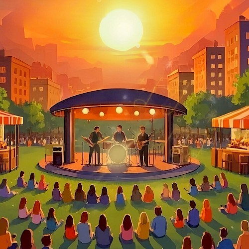 A band performs on an outdoor stage at sunset with an audience seated on grass in a park; food stalls are on both sides of the stage.