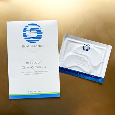 The image shows a Bio-Therapeutic bt-infusion Clearing Masque packaging and a sachet containing the masque.
