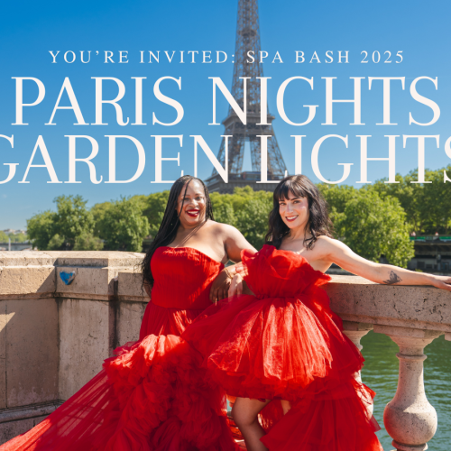 Two people in red dresses on a bridge with the Eiffel Tower in the background. Text: 